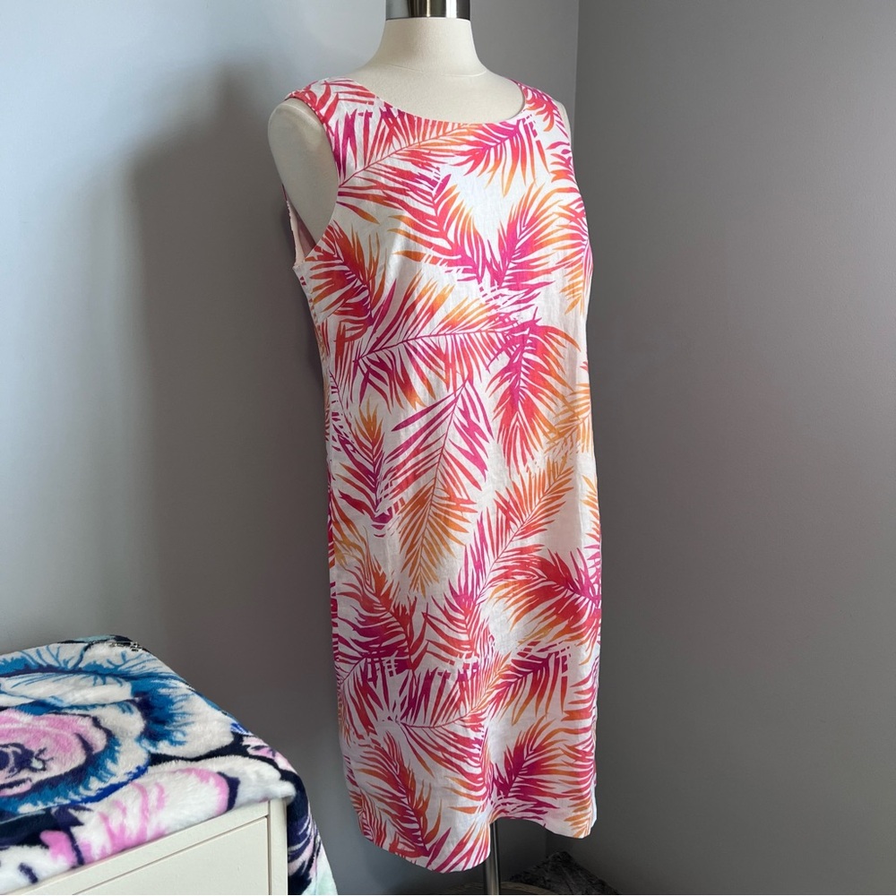 J. Jill 12 Pink Orange Tropical Linen Sleeveless Shift Dress - Picture 9 of 17